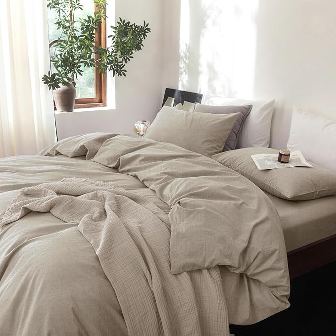 FOSSA Duvet Cover Set 100% Washed Cotton Linen Feel Super Soft Breathable Cozy 3 Pieces Bedding Sets Solid Tannish Linen Grey Queen