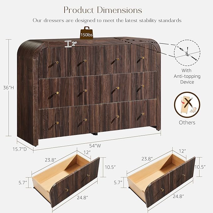 T4TREAM Fluted Dresser for Bedroom with 6 Drawers, 54" Wide Modern Chest of Drawers with Thickened Curved Profile Design, Wood Dressers TV Stand for Bedroom, Living Room, Hallway, Dark Walnut