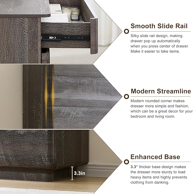 ACCOHOHO Modern 5 Drawer Dresser for Bedroom, 42" Tall Wooden Dressers with Large Storage,Handleless Chest of Drawers for Living Room & Hallway, Curved Profile Design, Grey
