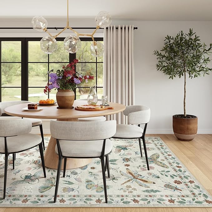 Lahome Insect 9x12 Area Rugs for Living Room Bedroom, Soft Washable Rugs 9x12 Stain Resistant, Ultra-Thin Non-Slip Dining Room Rug Non-Shedding Accent Carpet for Office(9x12ft,Beige)