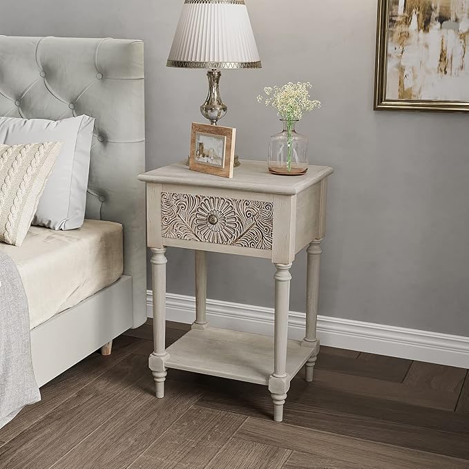 COSIEST Vintage Nightstand, MDF 2-Tier Bedside Table, Wood Accent End Table with Storage Drawer and Open Display Shelf for Bedroom Living Room