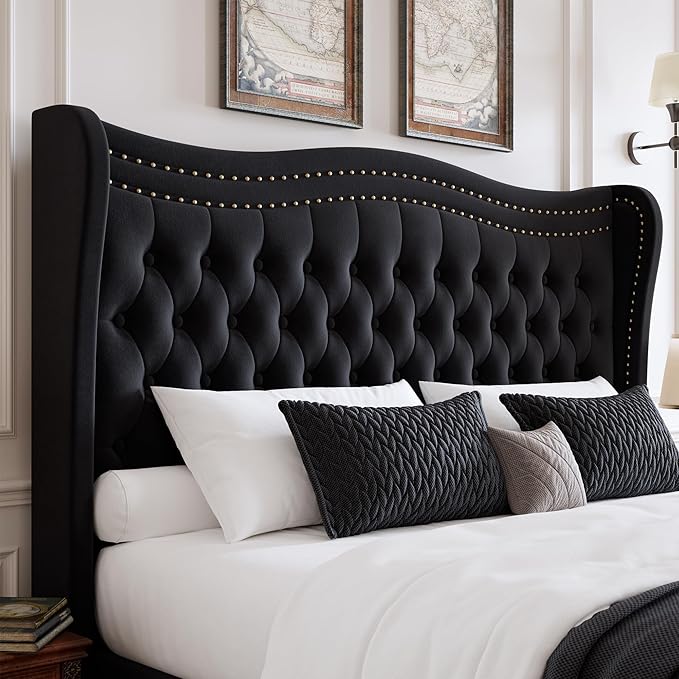 Upholstered Queen Size Bed Frame with Tall Headboard, Velvet Wingback Platform Bed Frame with Deep Button Tufted, No Box Spring Needed, Noise Free, Black