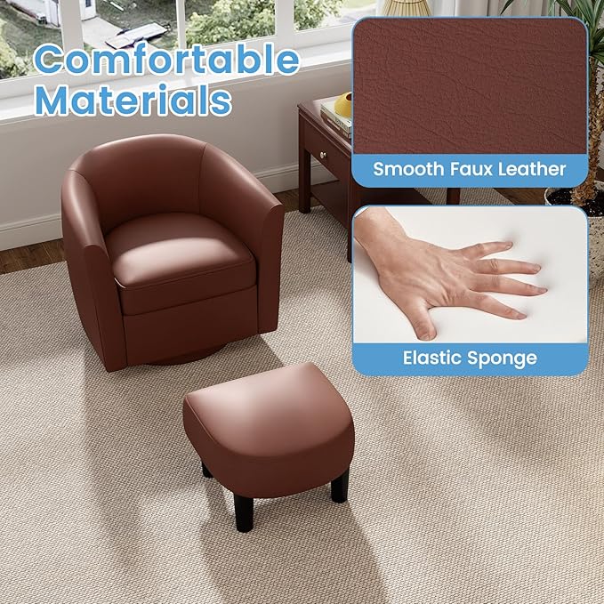 Giantex Swivel Small Accent Chair with Ottoman, Modern Faux Leather Barrel Club Chair w/Footrest, Removable Seat Cushion, Swivel Single Sofa Arm Chair for Living Room, Bedroom, Office (Brown)
