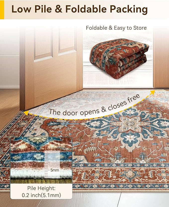 Area Rugs Round 8ft Washable Non-Slip, Floral Vintage Distress Print Pattern Medallion Carpet for Living Room Bedroom Dining Room, Red Orange Blue Brown