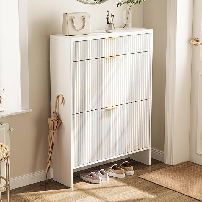 Fluted Shoe Cabinet Storage with 2 Flip Drawers & 1 Drawers, Wood Narrow Hidden Shoe Cabinet with Shelf for Entryway, Freestanding Slim Shoe Rack Organizer for Hallway Living Room(White)