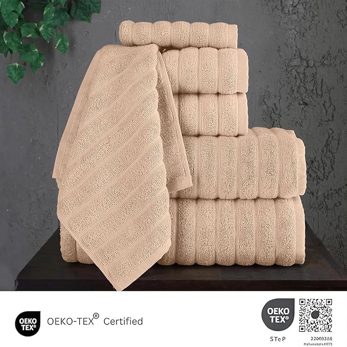 Classic Turkish Towels CTT Luxury 6 Piece Towel Set, 100% Turkish Cotton, Quick Drying, Highly Absorbent & Comfy, Includes 2 Bath Towels, 2 Hand Towels & 2 Washcloths | (Almond Beige)