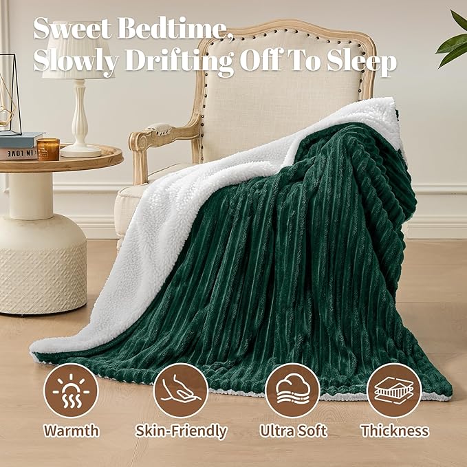 Electric Heated Throw Blanket - 50"x60" Fast Heating Bed Blankets with 6 Heating Levels & 4 Hours Auto Off, Soft Ribbed Flannel Sherpa, Over-Heated Protection ETL, Dark Green