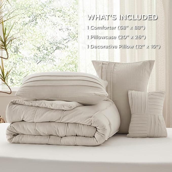 Bedsure Twin Comforter Set - 3 Pieces Pinch Pleat Bed Set, Linen Boho Bedding for All Season, 1 Soft Comforter, 1 Pillowcase, 1 Decorative Pillow