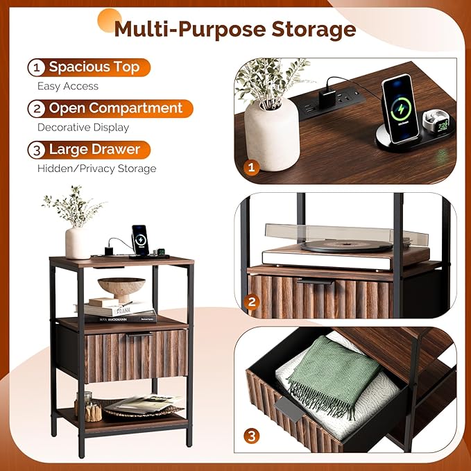 VINGLI Nightstand with Charging Station, Walnut Nightstand Fluted with Fabric Drawer, Bedside Table/End Table with Charger Station, Side Table Bedroom, Small Night Stand Dark Walnut