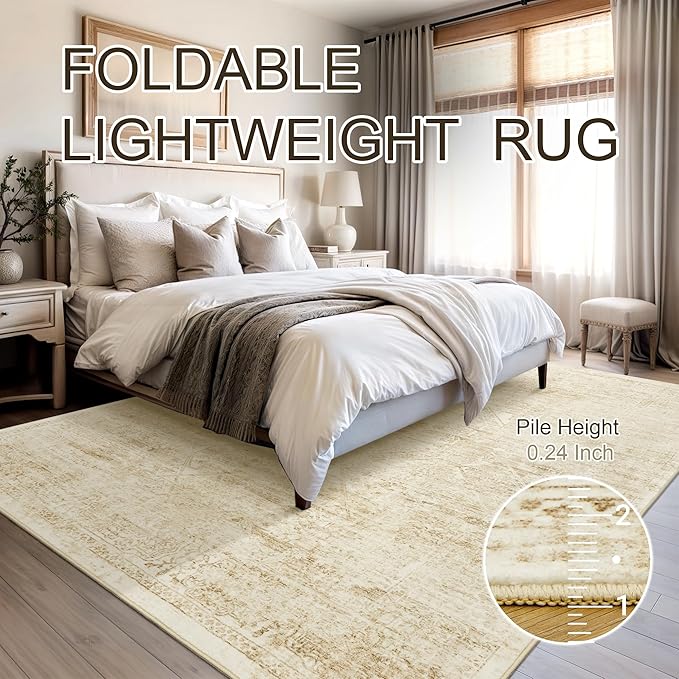 Washable Area Rug 10x14, Large Soft Rugs for Living Room Vintage Beige Rug 10x14 Area Rugs for Bedroom Dining Room Floral Non-Slip Thin Rug