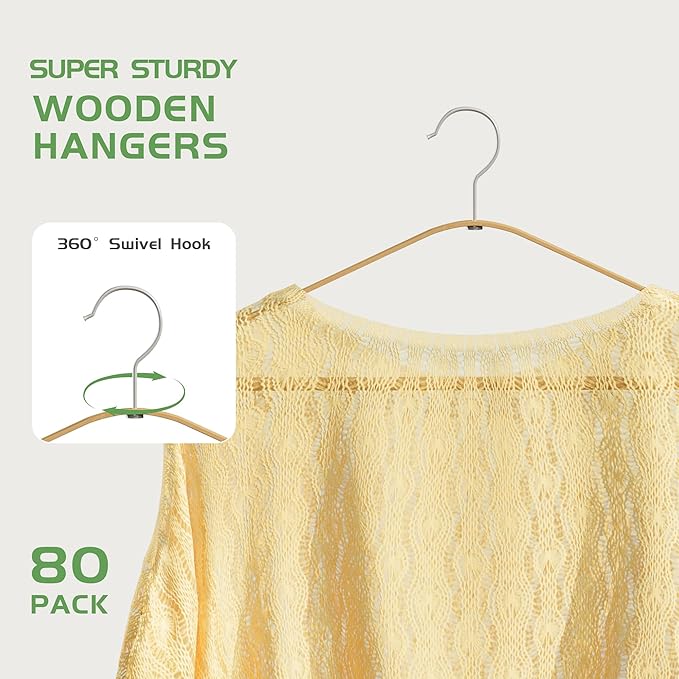 Bamboo Wood Hangers 20 Packs, Coat Hangers, Clothes Hangers with 360-Degree Rotatable Hook, Heavy Duty, Non Slip Suit Hangers for Clothes, Jacket, Shirt, Tank Top, Pant (Bamboo, 80 PCS)