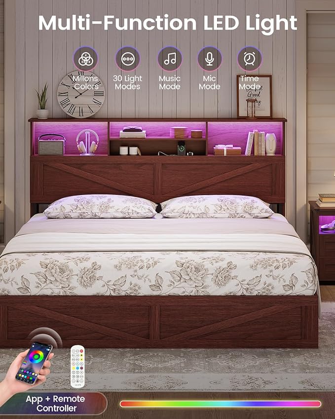 AOGLLATI Farmhouse King Bed Frame Bed Frame with 4 Storage Drawers and Led Lights, Wooden King Bed with Hidden Space Bookcase Headboard and Led Lights & Metal Slats, Mahogany