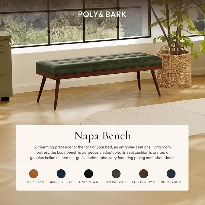 POLY & BARK 55" Tufted Leather Bed Bench for Bedroom End of Bed - Living Room Entry Way Bench - Pure Italian Leather Upholstery with a Solid Wood Frame - Ottoman Bench with Wooden Legs - Olivine Green