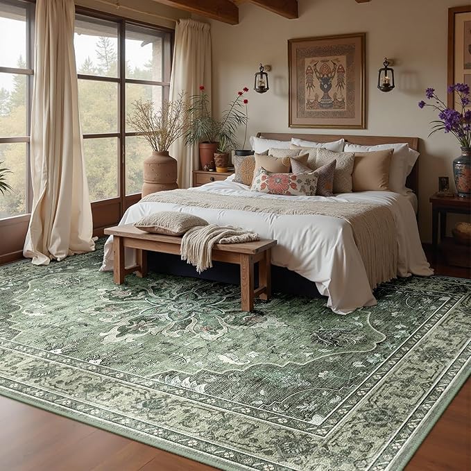 Area Rugs 5'x8' Washable Non-Slip, Floral Vintage Distress Print Pattern Medallion Carpet for Living Room Bedroom Dining Room, Dark Green Gray