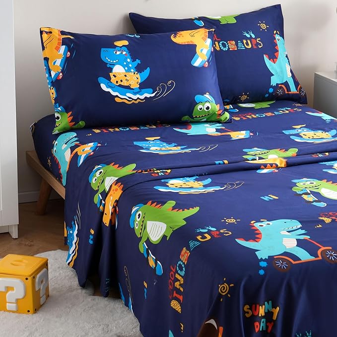 JSD Sports Dinosaur Kids Sheet Set Twin Size, 3 Piece Blue Printed Microfiber Sheets Deep Pocket