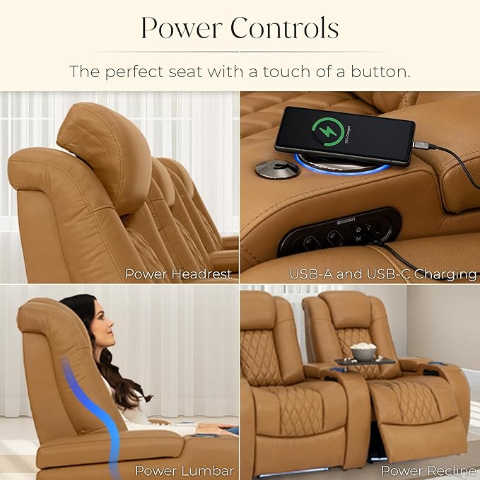 Seatcraft Diamante Zero-Gravity CoolZero Italian Leather Home Theater Seating, Power Headrest, Power Recline, Row of 5, Tan Oak