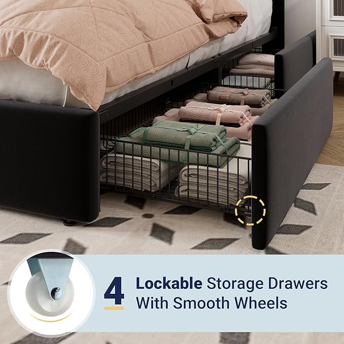 Allewie Full Size Storage Bed Frame, Vertical Channel Tufted Adjustable Headboard, Velvet Upholstered Platform Bed with 4 Oversized Underbed Drawers, Wooden Slats Support, No Box Spring Needed, Black