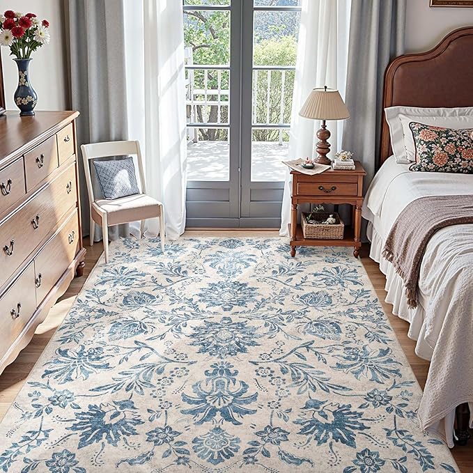 jinchan Torino Floral 5x7 Area Rugs, Vintage-Inspired Design Accent Rug, Machine Washable Ultra-Thin Low-Pile Non-Slip Traditional Carpet for Living Room Bedroom Dining Room Home Office, Turquoise