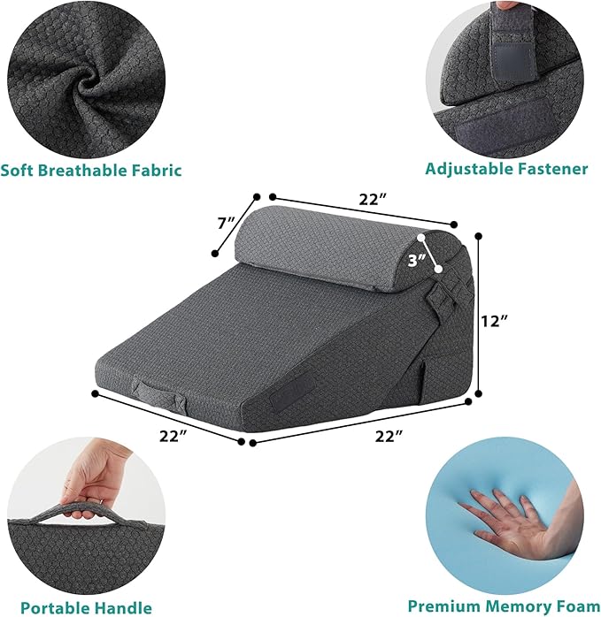 Bedluxe Adjustable 4pcs Bed Wedge Pillow Set, Memory Foam Wedge Pillow Post Surgery for Back, Neck, Leg Pain Relief, Pillow Wedge for Sleeping, Sitting up in Bed, Acid Reflux and GERD, Dark Grey