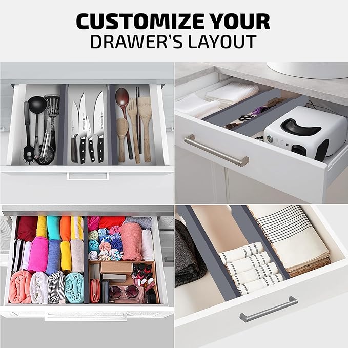Bambüsi 4 Pack Drawer Dividers - 2.6" High, 16-22" Adjustable Bamboo Drawer Organizers for Clothes, Expandable Dresser Separators in Bedroom/Bathroom/Kitchen/Office Organization and Storage (Grey)