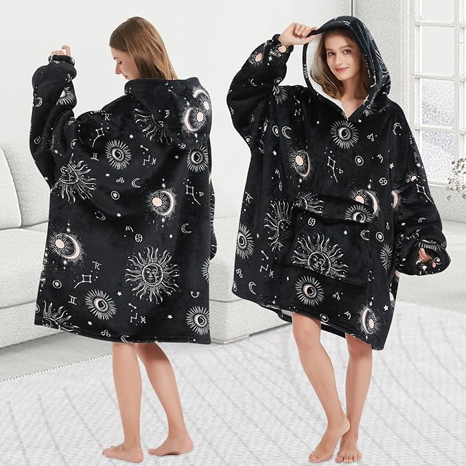 Wearable Blanket Hoodie for Adult,Oversized Sherpa Fleece Blanket Hoodie for Women Men,Sun and Moon