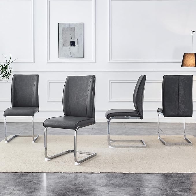 Dining Chairs Set of 4,Faux Leather Dining Chairs,Upholstered Kitchen Chairs with High Back,Modern Armless Side Chairs with Sturdy Chrome Plated Metal Legs for Living Room(Grey,4)