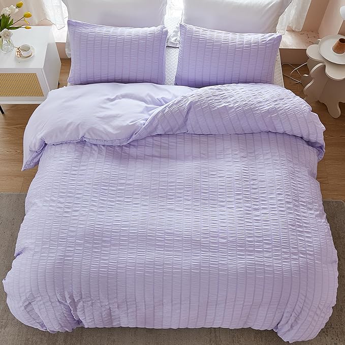 AveLom Lavender Purple Seersucker Duvet Cover Set Queen (90 x 90 inches), 3 Pieces (1 Duvet Cover + 2 Pillow Cases), Ultra Soft Washed Microfiber, Textured Duvet Cover with Zipper Closure, Corner Ties