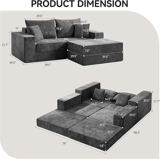 Boneless Sectional Loveseat Couch with Ottoman, Convertible Modular Floor Sleeper Sofa Bed, Comfy Foldable Compression Love Seat Sofa for Living Room, No Assembly, Dark Grey