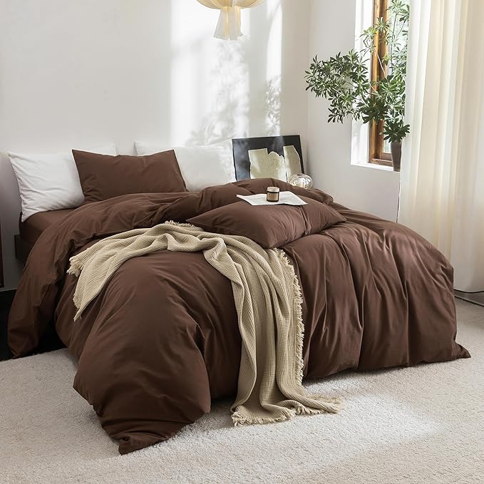 FOSSA Duvet Cover Set 100% Washed Cotton Linen Feel Super Soft Breathable Cozy 3 Pieces Bedding Sets Solid Cocoa Brown Oversized Queen
