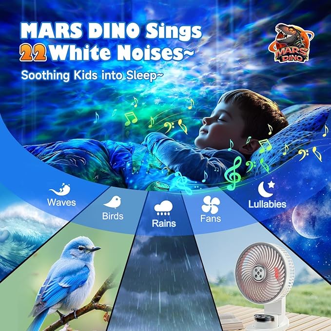 PIKOY Dinosaur Night Light & Sound Machine Baby | 22 White Noises+18 RGB Colors Galaxy Light Projector & Soothing Music | Bluetooth Speaker+Remote+Timer White Noise Machine | Dinosaur Gifts for Boys