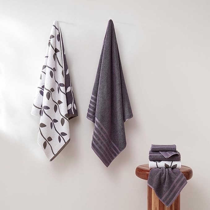 Modern Threads Organic Vines 6-Piece 100% Cotton Towel Set – Yarn Dyed Jacquard & Solid – Includes 2 Bath Towels, 2 Hand Towels, 2 Washcloths – Absorbent, Quick Dry, Soft & Durable – Lavender
