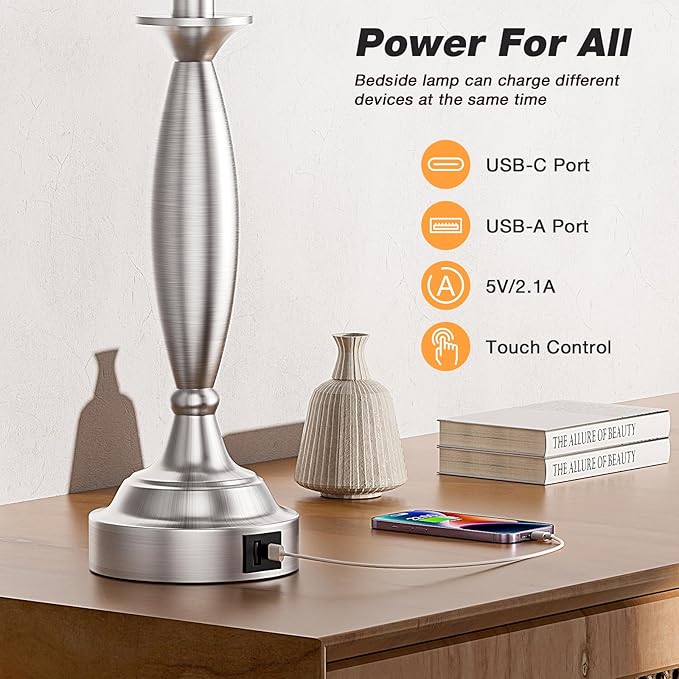 Seealle Lamps for Bedrooms Set of 2 - Touch Bedside Lamp with USB C+A, 3 Way Dimmable Nightstand Lamps with USB Port, Wood Table Lamp for Living Room Guest Room Bed Side End Table(Bulbs Included)
