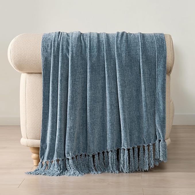 EVERGRACE Soft Chenille Throw Blanket for Couch, Cozy Plush Fuzzy Decorative Chenille Knit Throw Blanket with Tassels, Lightweight Blanket and Throws for Bed Sofa Gift Home Decor, Cloud Blue 60"x80"