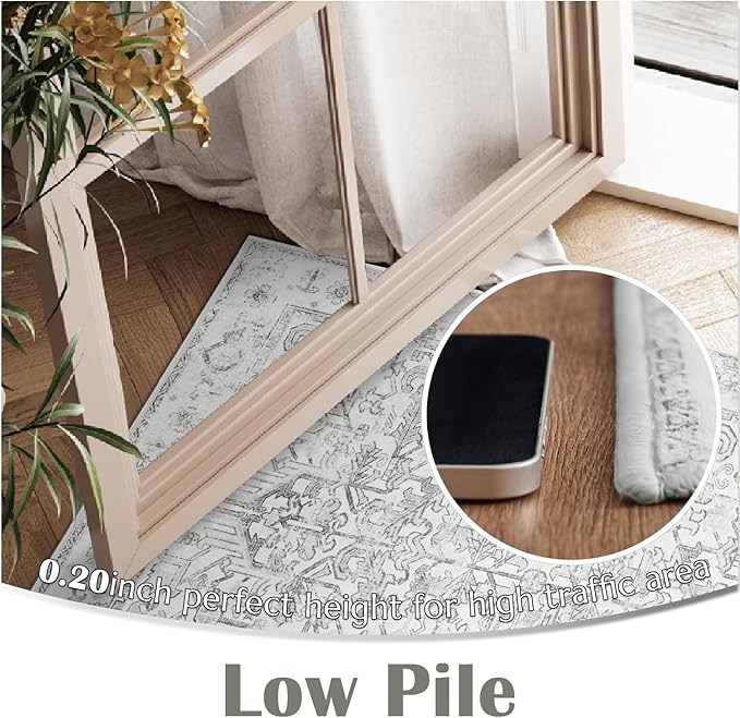 jinchan Lima Hallway Runner Rug 3x8 Washable - Vintage Floral Non Slip Low-Pile Soft Ultra-Thin Faux Wool Kitchen Rug Distressed Carpet Runner for Farmhouse Bedroom Laundry (3x8ft, Grey)