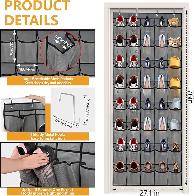 Over the Door Shoe Organizer, 40 Large Mesh Pockets Hanging Shoe Rack Organizer for Closet Behind The Door Storage Holder for Entryway Bedroom Dorm Gray