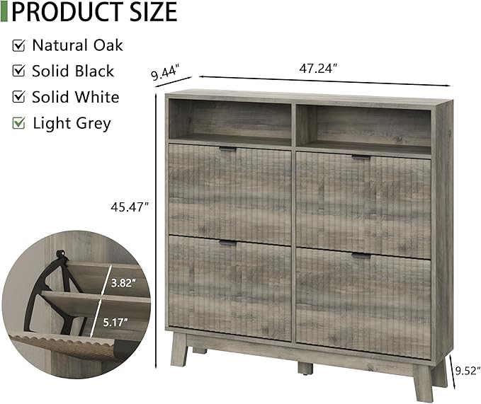 Shoe Cabinet with 4 Flip Drawers, 46" Tall Narrow Fluted Shoe Storage Organizer for Entryway, Hidden Slim Wooden Shoe Rack Cabinet for Front Door Entrance, Hallway, Living Room, Light Grey
