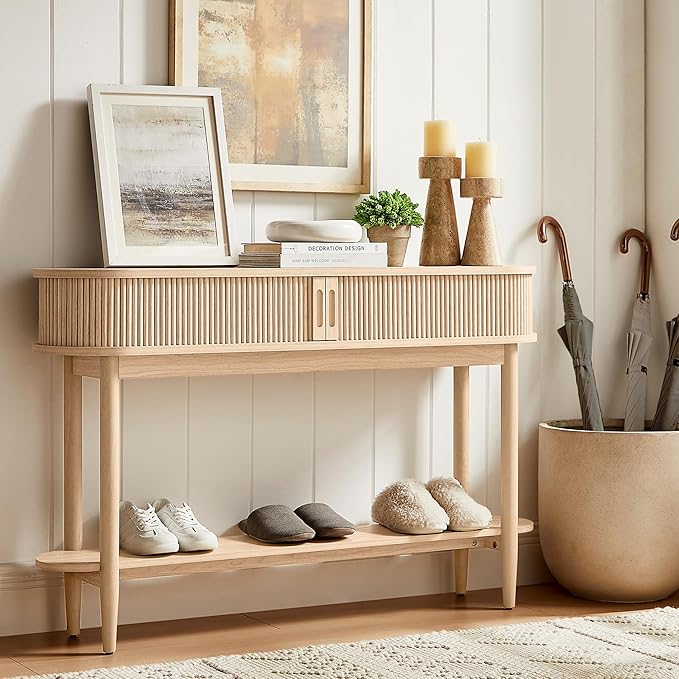 LINSY HOME Fluted Console Table, Mid-Century Modern Entryway Cabinet with Sliding Tambour Doors, Narrow Long Sofa Table, Behind-The-Couch Table for Living Room, Hallway (Light Oak)