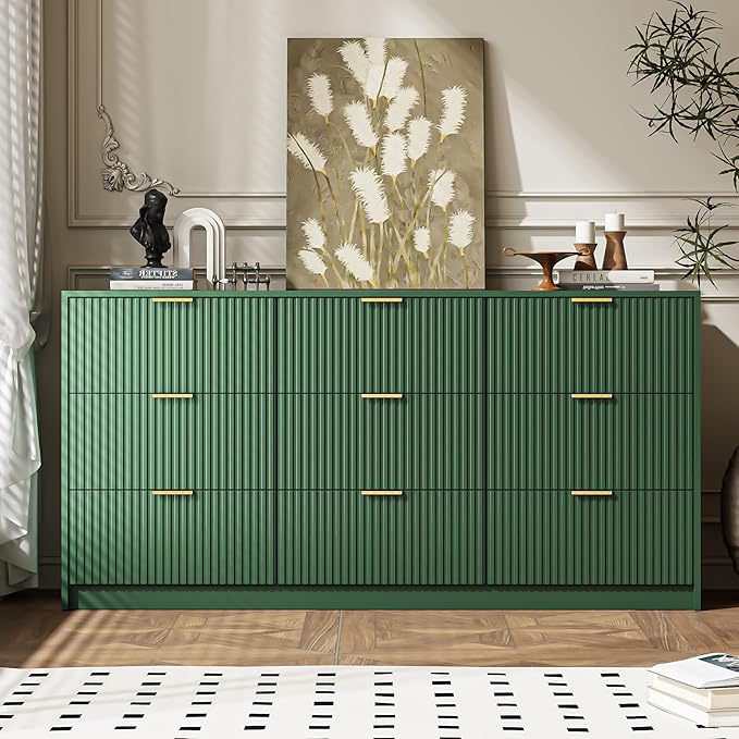 Green 9 Drawer Dresser for Bedroom, 63" Wide Modern Fluted Dresser with Gold Metal Handles, Chest of Drawers for Bedroom, Living Room, Entryway, Hallway