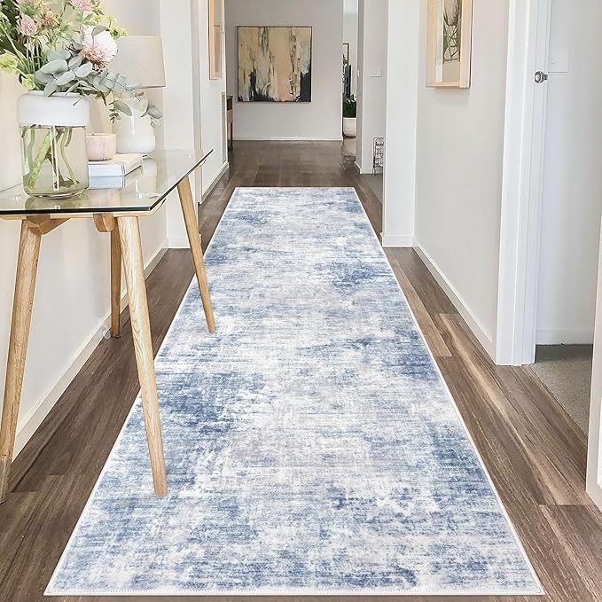 IOHOUZE Abstract Runner Rug 3x10 Ft Washable Runners for Hallways, Non Slip Kitchen Runner Printed Faux Wool Entryway Runner Indoor, Modern Abstract Floor Carpet for Hall Bedroom, Light Blue White