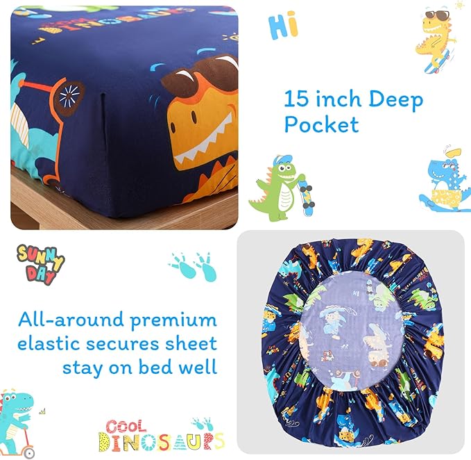 JSD Sports Dinosaur Kids Sheet Set Twin Size, 3 Piece Blue Printed Microfiber Sheets Deep Pocket