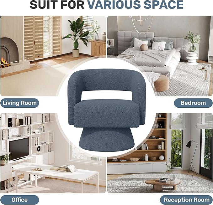 Swivel Accent Chair, Modern Comfy Teddy Barrel Chairs, Oversized Upholstered Round Arm Chair for Living Room, Bedroom, Reading Room, Blue, 1 PCS
