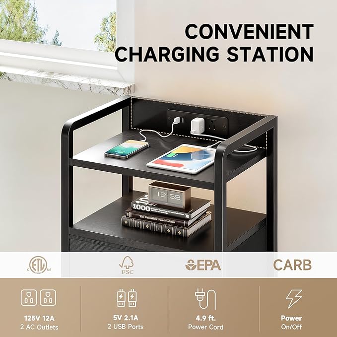 Night Stand Bedside Charger Bedroom - Nightstand with Charging Station & LED Light Strip, Night Stand with Storage Shelf & 3 Fabric Drawers, Morden End Table with U-S-B Ports & AC Outlets