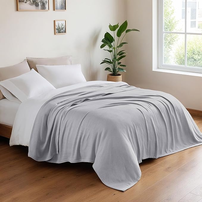 Queen Size Blanket, 70% Rayon (Derived from Bamboo) and 30% Cotton, Lightweight Jacquard Weave, Breathable and Soft Summer Blanket for Bed or Couch, 90” x 90”, Grey