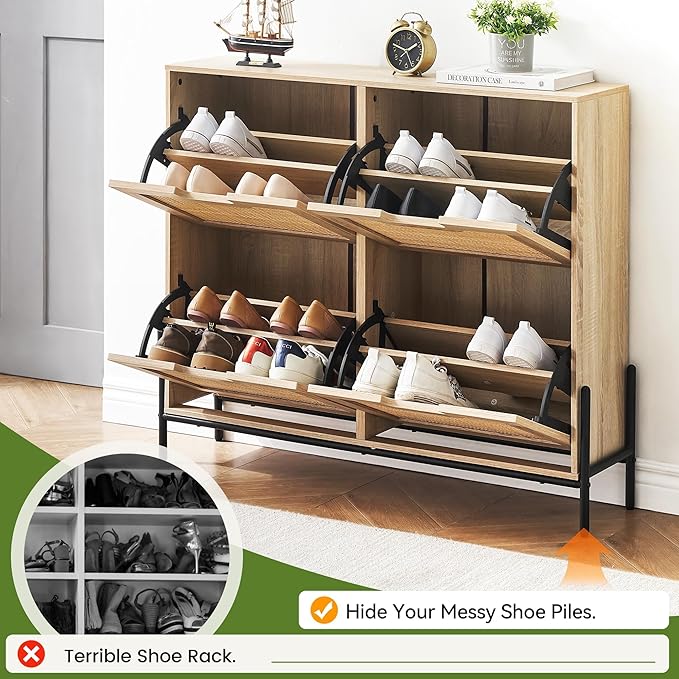 IDEALHOUSE Rattan Shoe Storage Cabinet with 4 Flip Drawers, Freestanding Shoe Organizer with Adjustable Shelves for Entryway, Narrow Shoe Rack Cabinet, Farmhouse Slim Shoe Cabinet, Oak