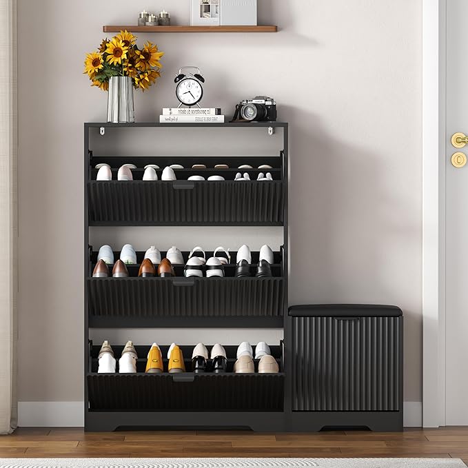Shoe Cabinet Storage for Entryway with 4 Flip Drawers, Black Fluted Shoe Cabinet with Bench, Wooden Hidden Shoe Rack Freestanding Narrow Slim Shoes Storage Organizer for Hallway, Entrance