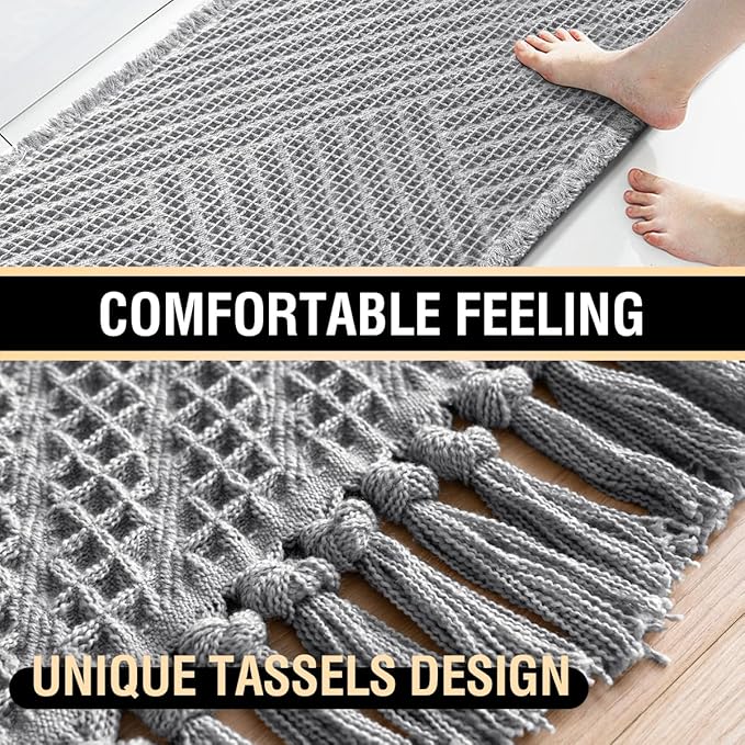 H.VERSAILTEX Waffle Bath Mat Super Absorbent Boho Bath Mat Non Slip Bath Rugs for Bathroom Floor Machine Washable Dry Fast Bathroom Rugs with Tassels, 24" x 36", Dove