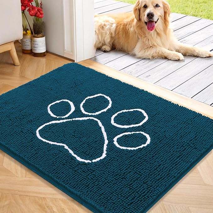 OLANLY Dog Door Mat for Muddy Paws 40x32, Paw Print Design, Absorbs Moisture and Dirt, Absorbent Non-Slip Washable Doormat, Quick Dry Chenille Mud Mat, Entry Indoor Entryway Carpet, Atlantic Blue