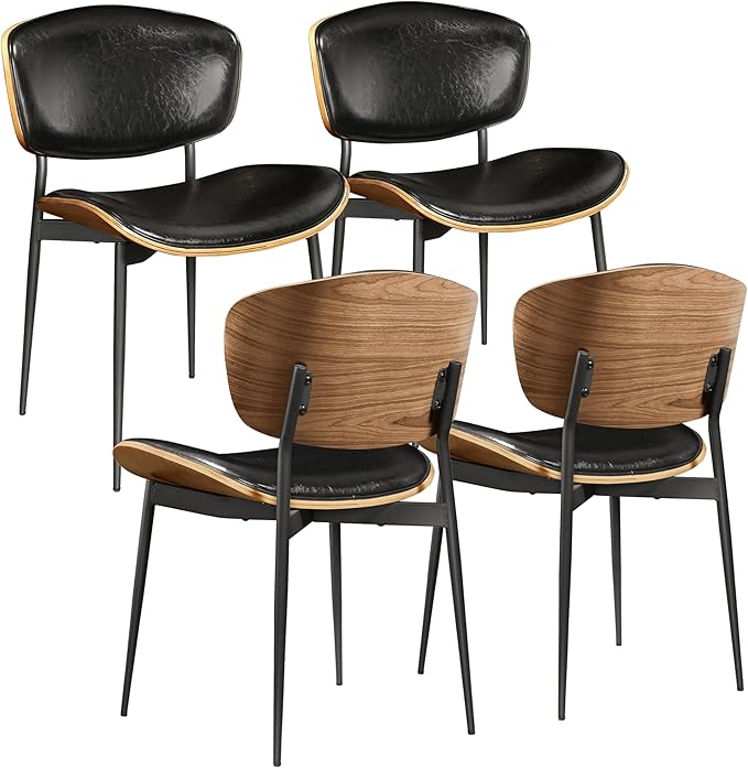 Art Leon Dining Chairs Set of 4, Walnut Bentwood, Mid Century Modern Dining Room Chairs, Faux Leather Upholstered Desk Chair with Black Metal Legs, Black