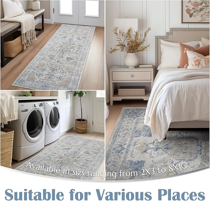 jinchan Hallway Runner Rug 3x8 Machine Washable - Vintage Floral Non-Slip Low-Pile Soft Ultra-Thin Faux Wool Kitchen Rug Distressed Carpet Runner for Farmhouse Bedroom Laundry Room (3x8ft, Blue)