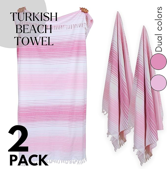 Native Fab 100% Cotton Peshtemal Turkish Bath and Beach Towels Set of 2, Large 40x71 Travel Sarong Gym Pool Spa Towels, Ultra Soft Quick Dry Absorbent Fouta Hammam Peshtemal Towels Pink